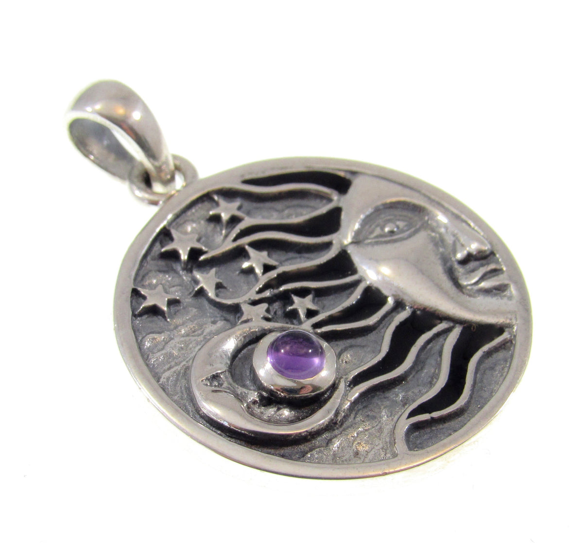 Solid 925 Sterling Silver Celestial Sun Moon Stars Pendant – Crescent Moon with Gemstone