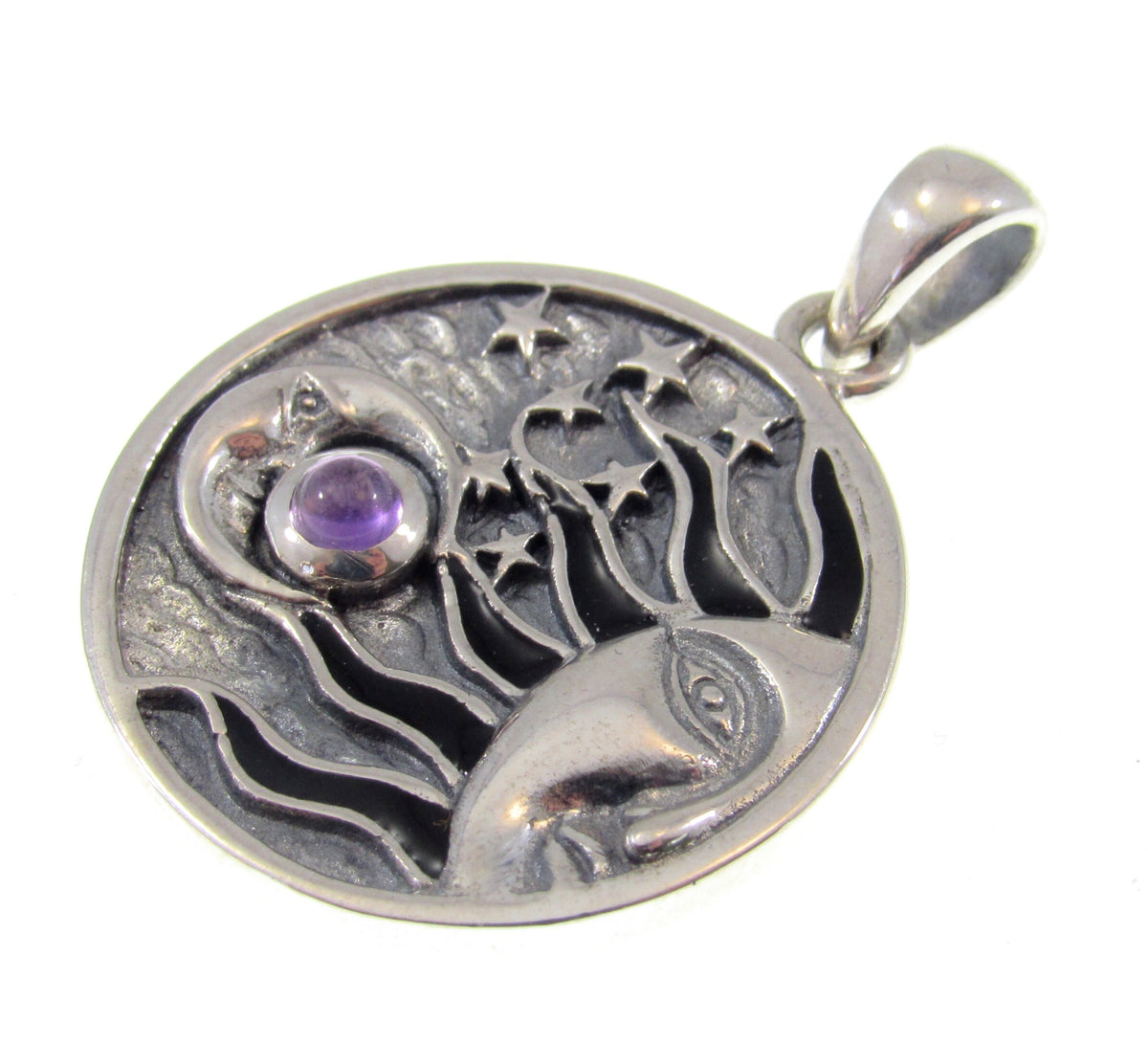 Solid 925 Sterling Silver Celestial Sun Moon Stars Pendant – Crescent Moon with Gemstone
