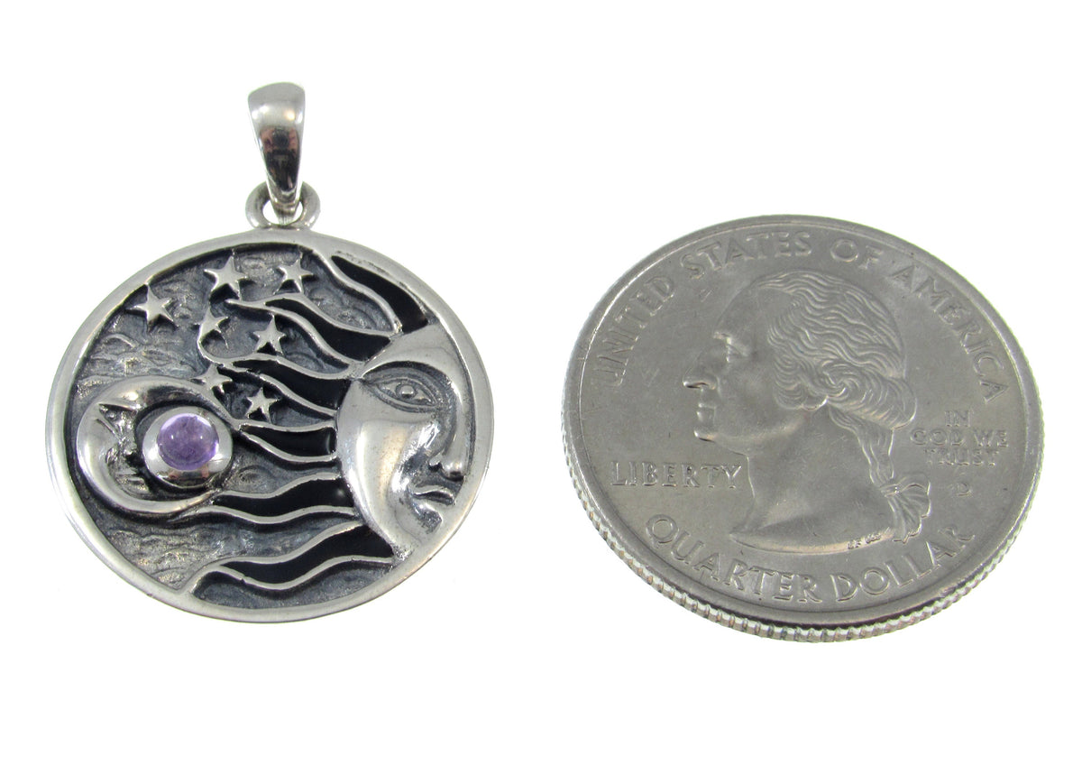 Solid 925 Sterling Silver Celestial Sun Moon Stars Pendant – Crescent Moon with Gemstone