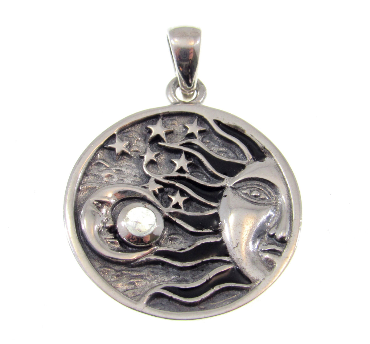 Solid 925 Sterling Silver Celestial Sun Moon Stars Pendant – Crescent Moon with Gemstone