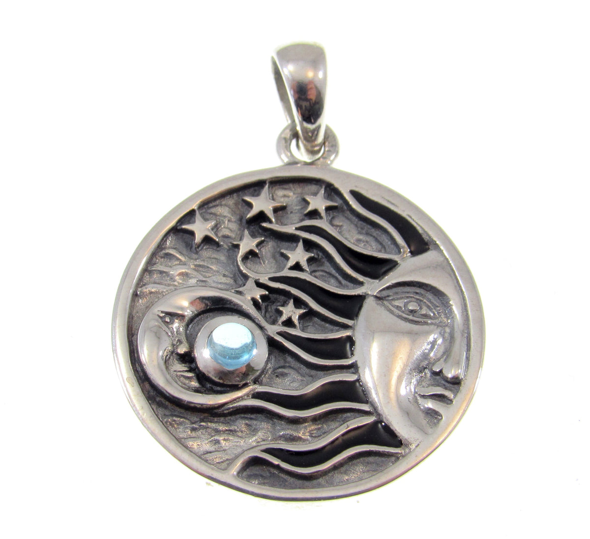 Solid 925 Sterling Silver Celestial Sun Moon Stars Pendant – Crescent Moon with Gemstone