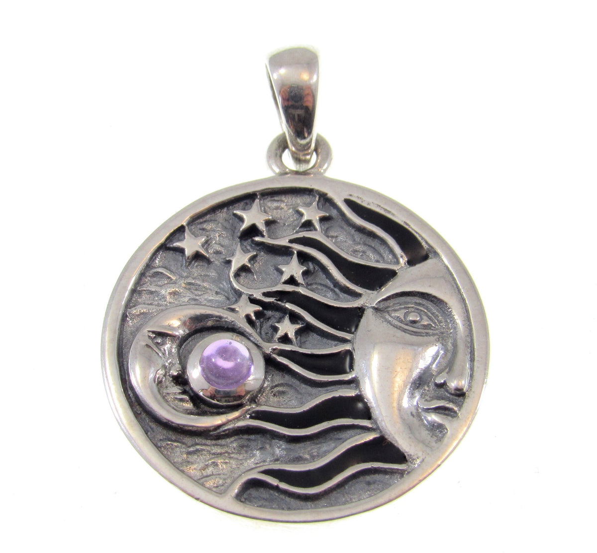 Solid 925 Sterling Silver Celestial Sun Moon Stars Pendant – Crescent Moon with Gemstone