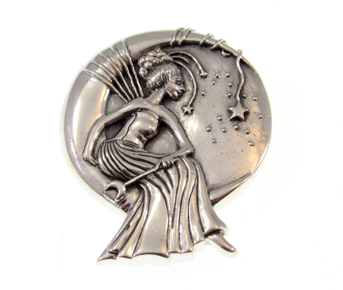 Solid 925 Sterling Silver Moon Fairy Pendant, Art Deco Star Goddess, Celestial Witch Jewelry