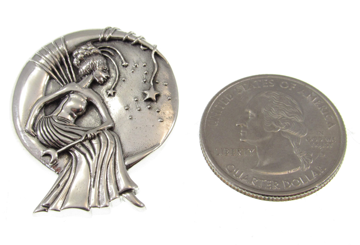 Solid 925 Sterling Silver Moon Fairy Pendant, Art Deco Star Goddess, Celestial Witch Jewelry