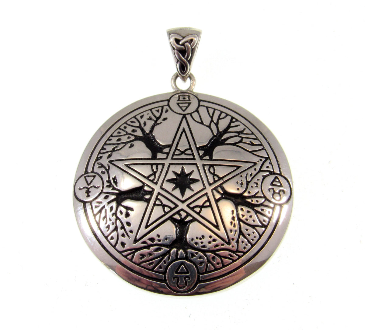 Solid 925 Sterling Silver Pentacle Pendant, Tree of Life Pentagram, Four Elements Pagan Amulet