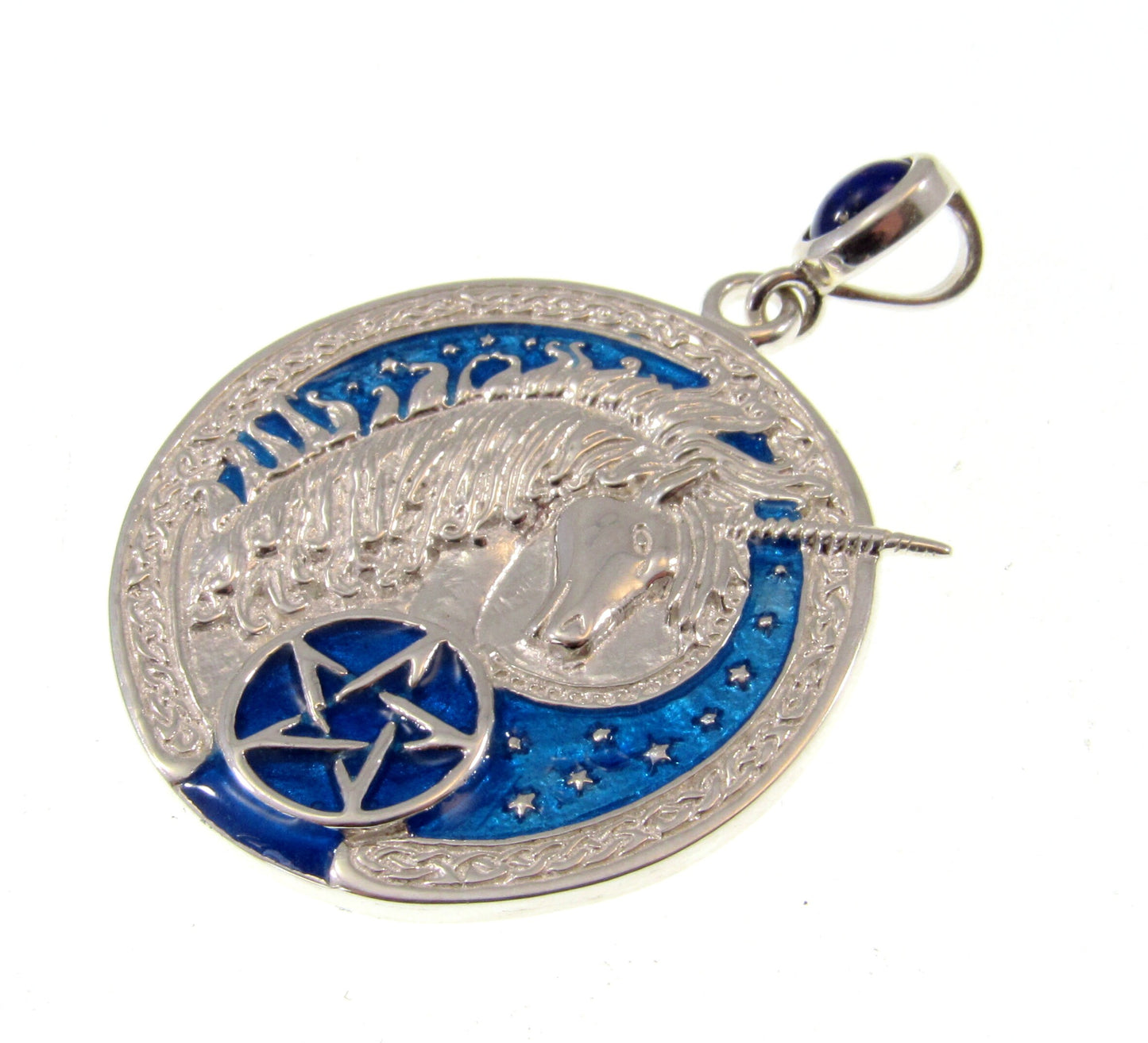 Solid 925 Sterling Silver Celtic Unicorn Pentacle Pendant, Blue Enamel & Sapphire Pagan Amulet