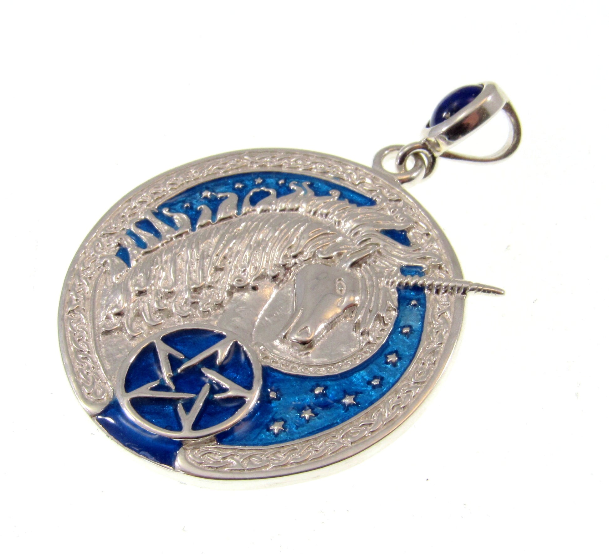 Solid 925 Sterling Silver Celtic Unicorn Pentacle Pendant, Blue Enamel & Sapphire Pagan Amulet