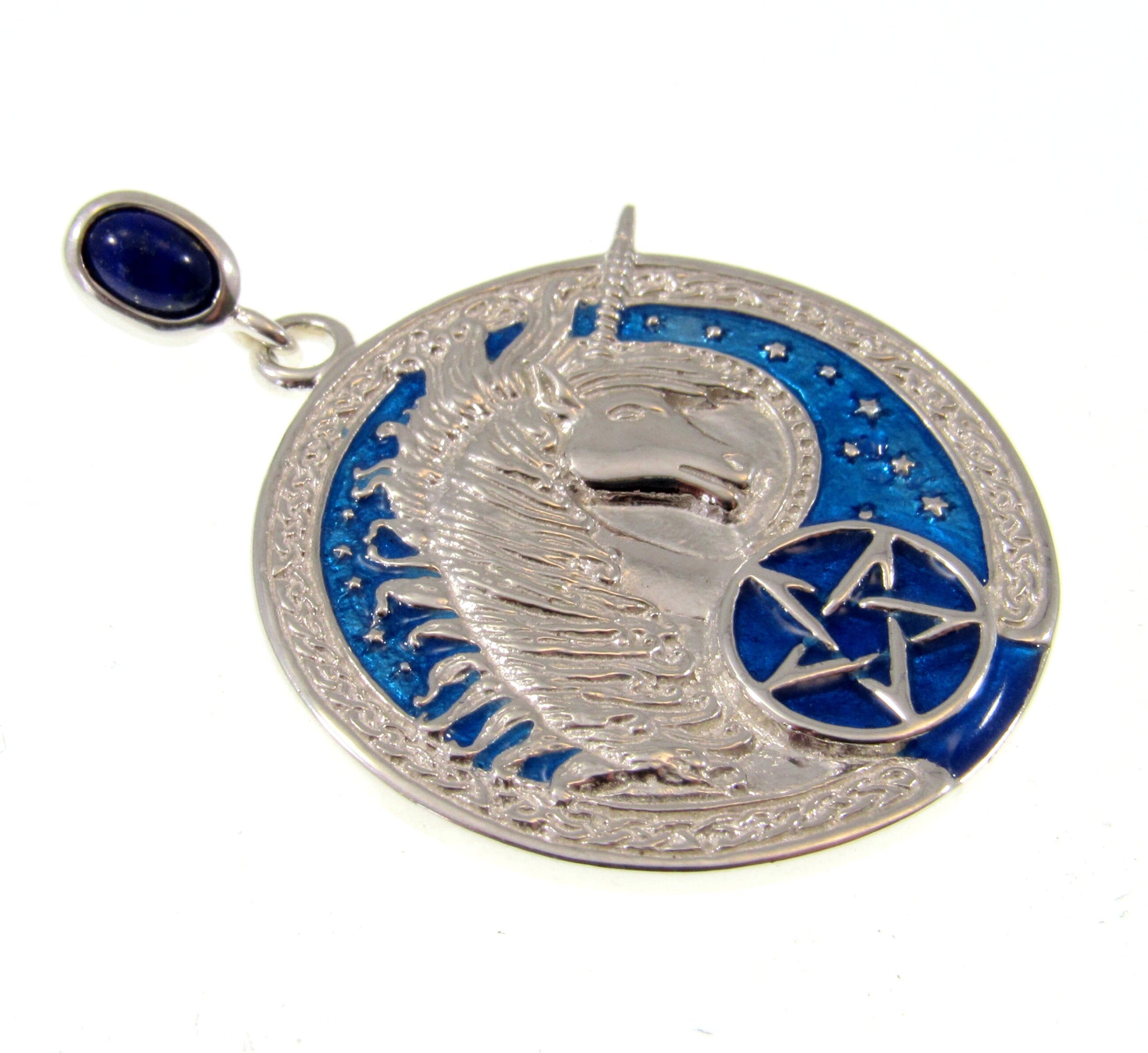 Solid 925 Sterling Silver Celtic Unicorn Pentacle Pendant, Blue Enamel & Sapphire Pagan Amulet