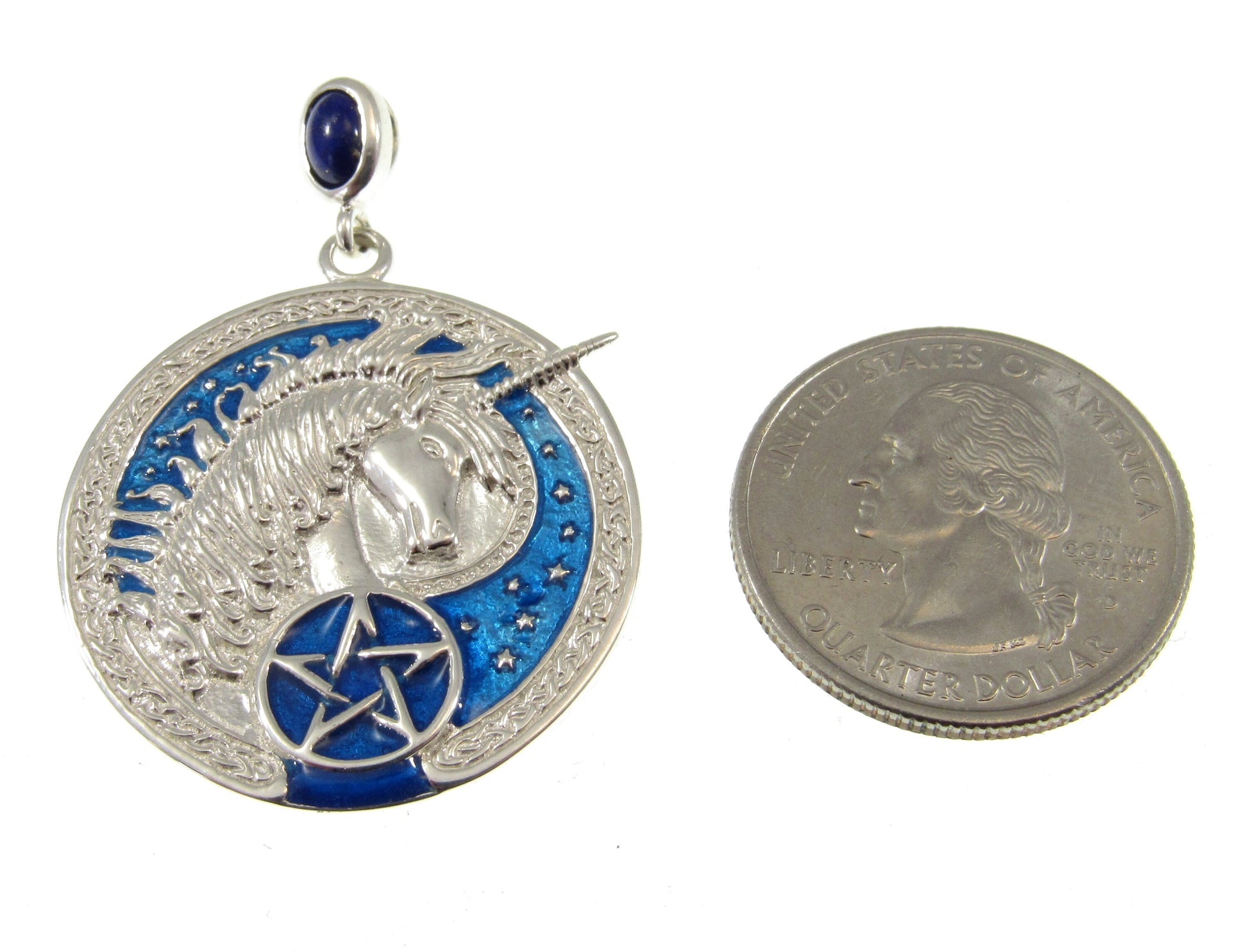 Solid 925 Sterling Silver Celtic Unicorn Pentacle Pendant, Blue Enamel & Sapphire Pagan Amulet