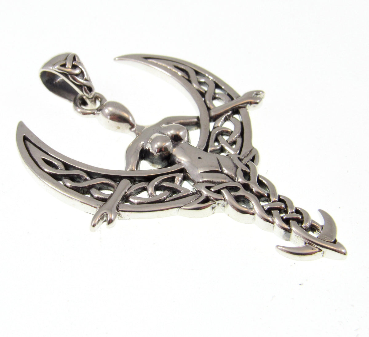 Solid 925 Sterling Silver Celtic Moon Goddess Pendant, Crescent Moon with Celtic Knotwork, Nude Goddess Jewelry