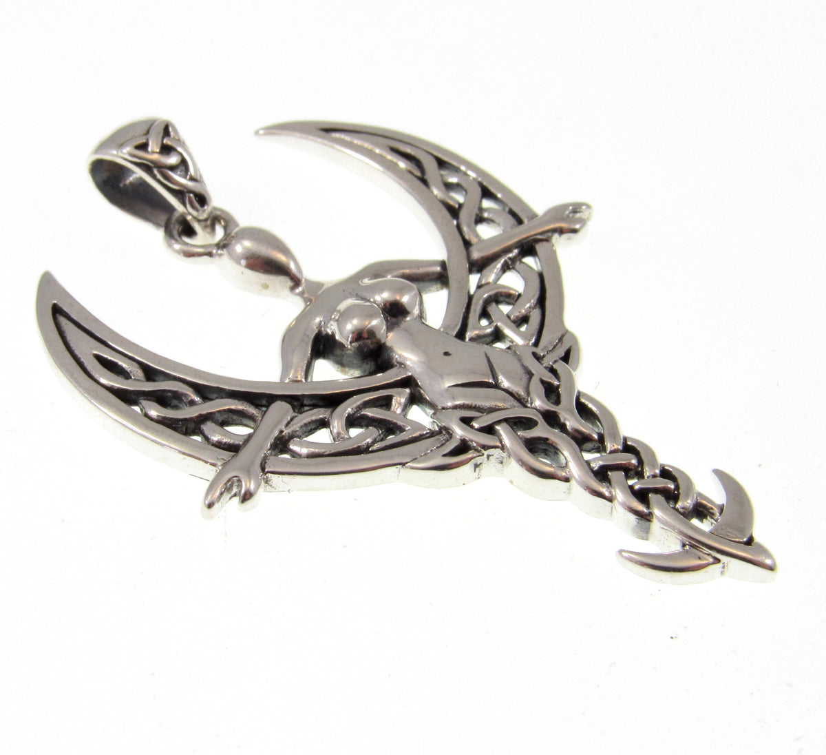 Solid 925 Sterling Silver Celtic Moon Goddess Pendant, Crescent Moon with Celtic Knotwork, Nude Goddess Jewelry
