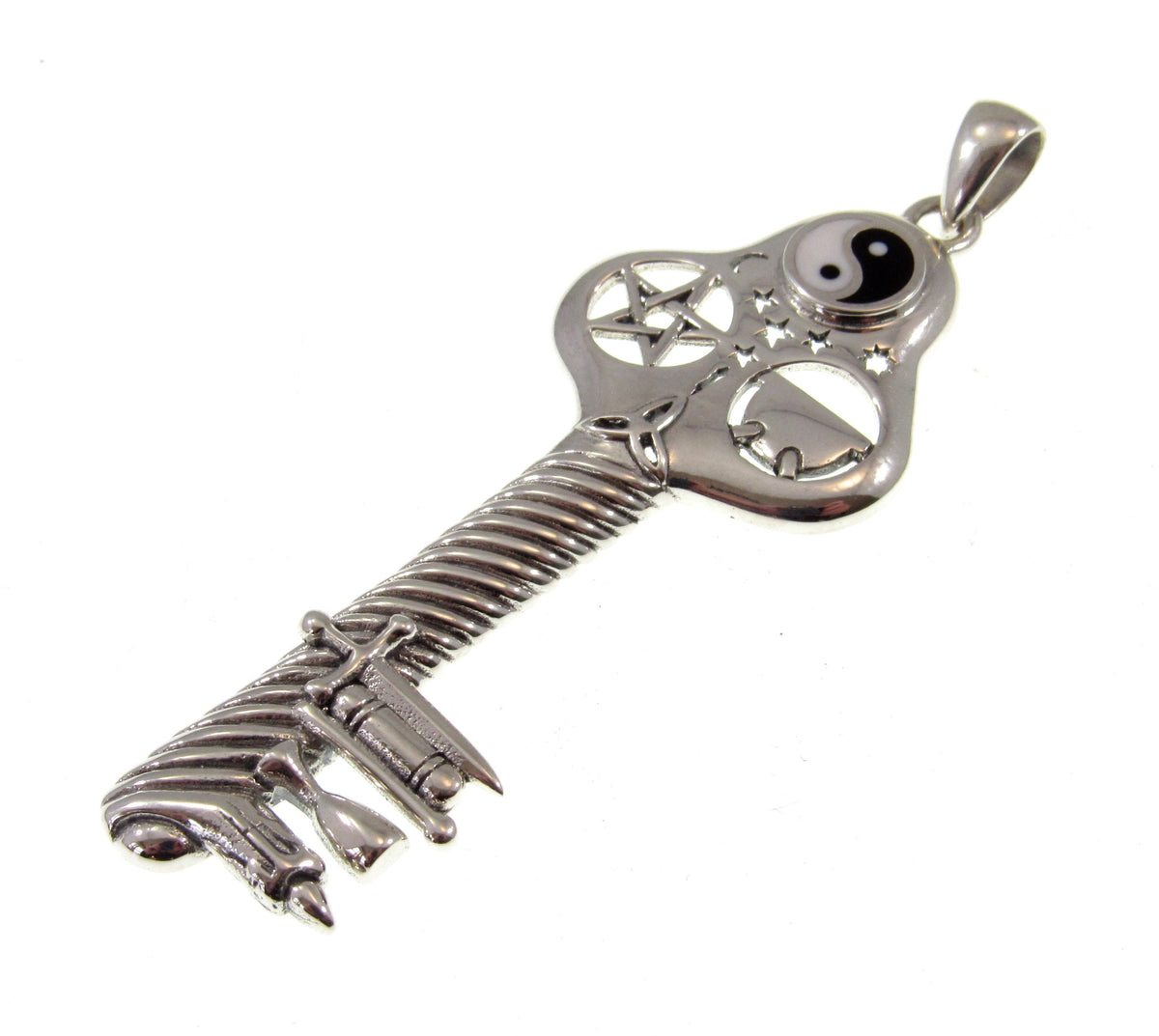 Solid 925 Sterling Silver Yin Yang Pentacle Key Pendant, Pagan Amulet, Wiccan Occult Talisman