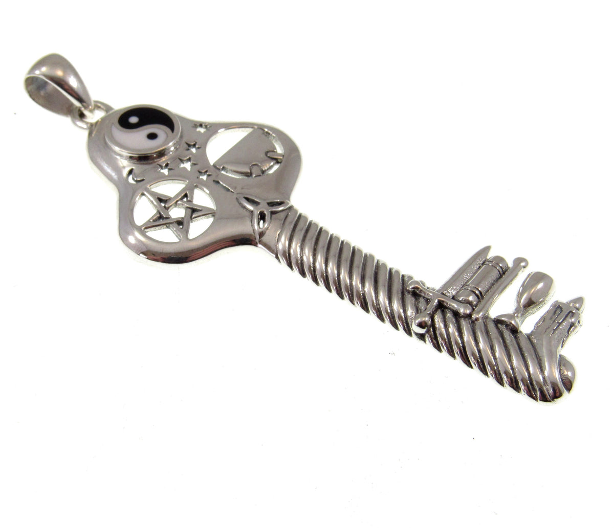 Solid 925 Sterling Silver Yin Yang Pentacle Key Pendant, Pagan Amulet, Wiccan Occult Talisman