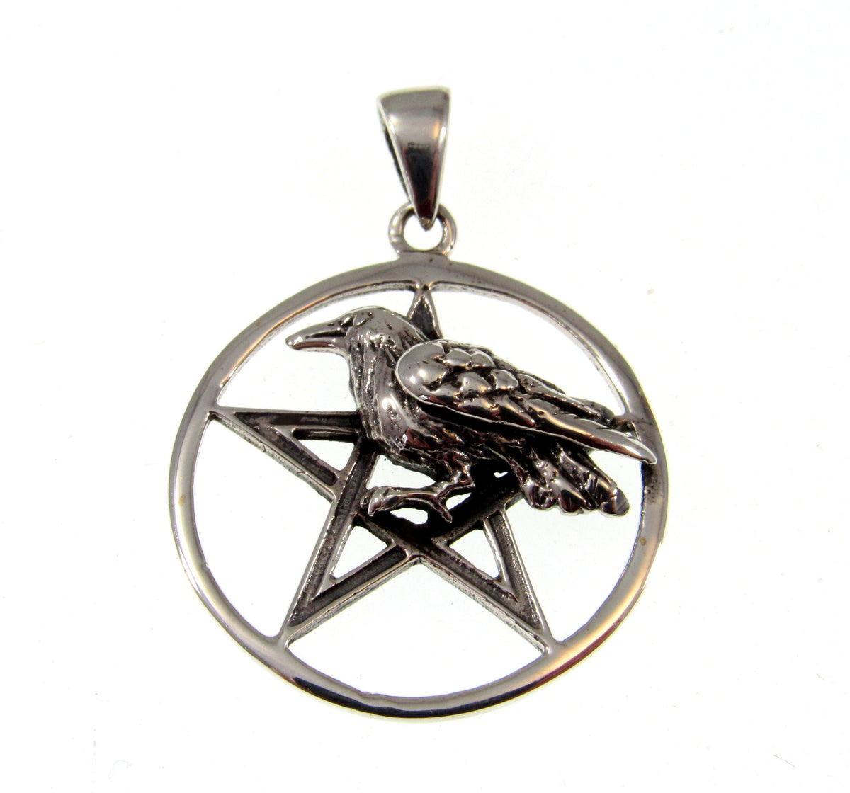 Solid 925 Sterling Silver Raven Pentagram Pendant - Gothic Crow Charm