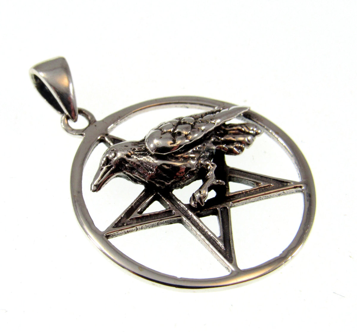 Solid 925 Sterling Silver Raven Pentagram Pendant - Gothic Crow Charm