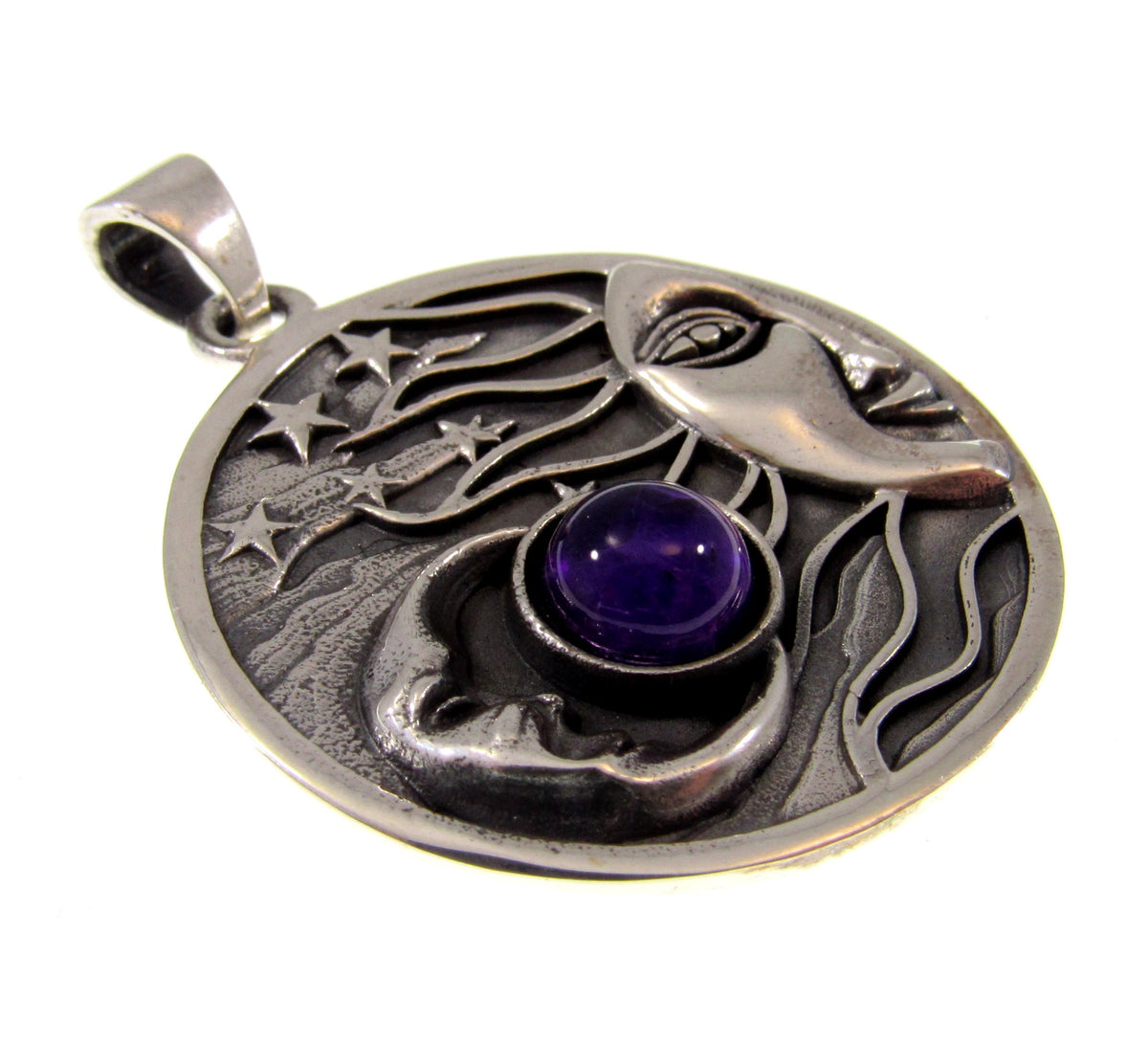 Solid 925 Sterling Silver Sun Moon & Stars Pendant with Citrine, Celestial Moon Face Amulet