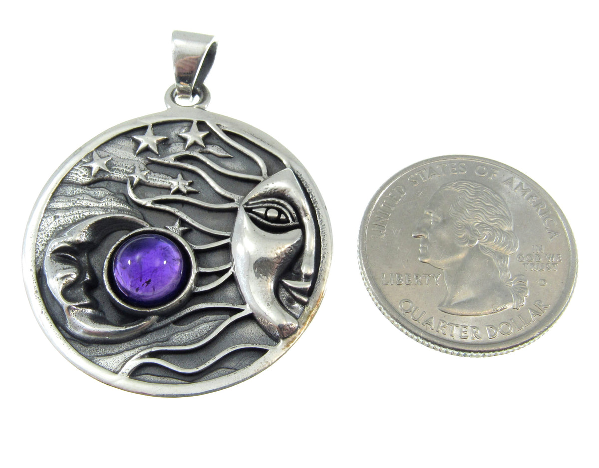 Solid 925 Sterling Silver Sun Moon & Stars Pendant with Citrine, Celestial Moon Face Amulet