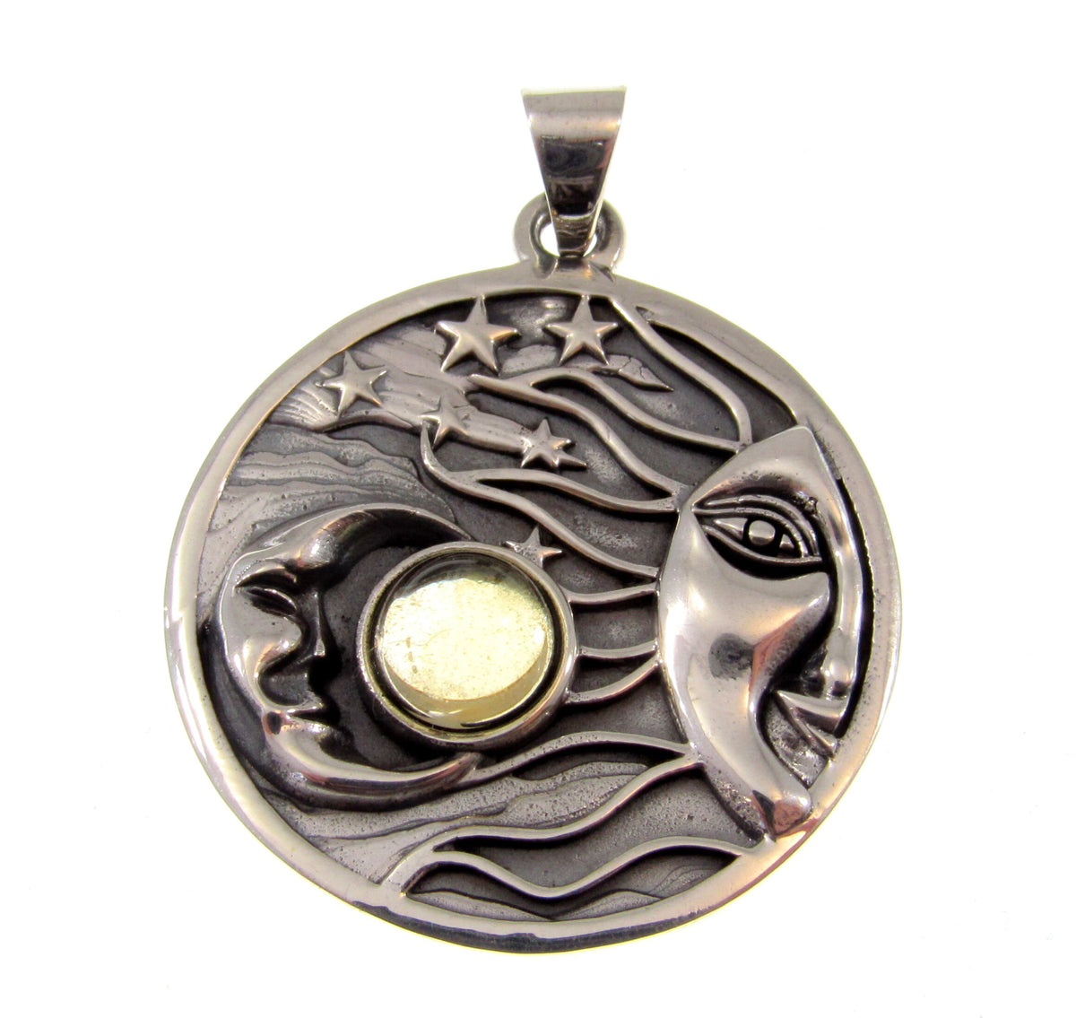 Solid 925 Sterling Silver Sun Moon & Stars Pendant with Citrine, Celestial Moon Face Amulet