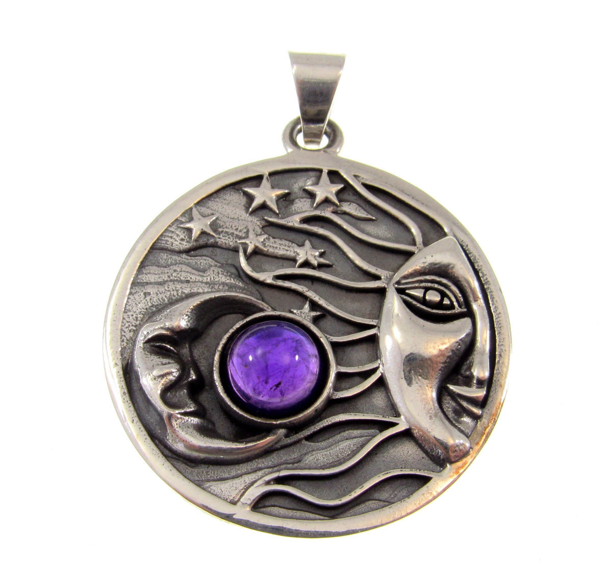 Solid 925 Sterling Silver Sun Moon & Stars Pendant with Citrine, Celestial Moon Face Amulet