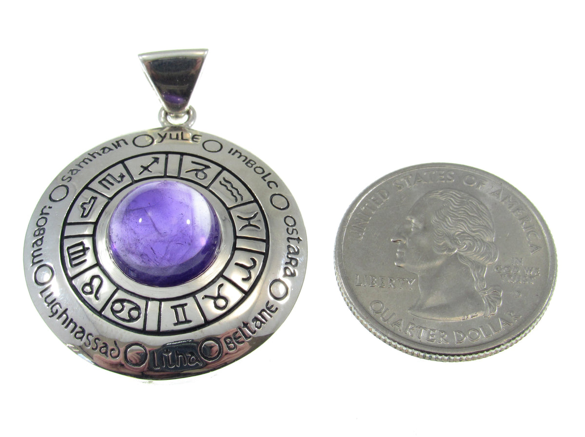 Solid 925 Sterling Silver Wheel of the Year Zodiac Pendant With Amethyst or Moonstone