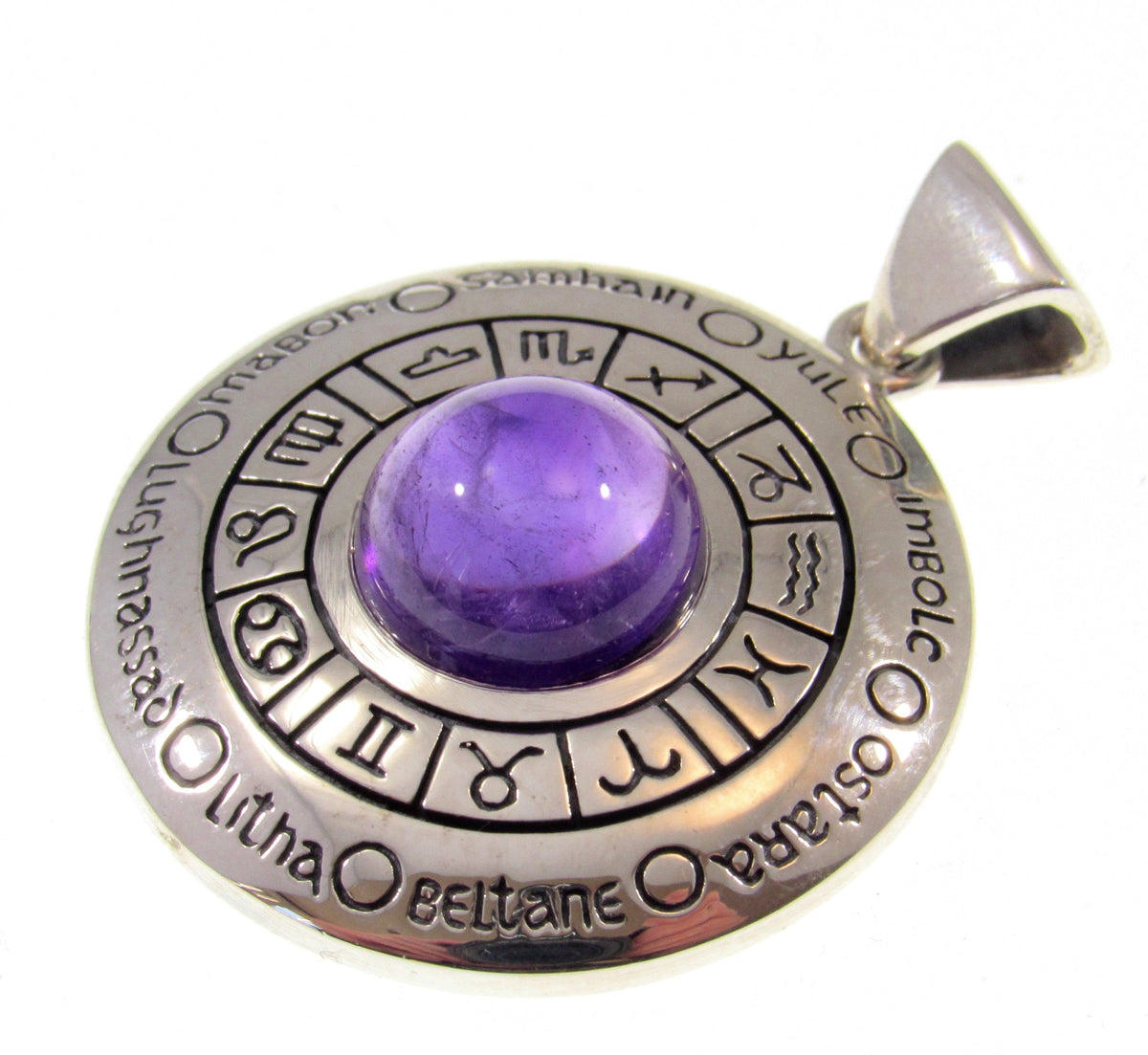 Solid 925 Sterling Silver Wheel of the Year Zodiac Pendant With Amethyst or Moonstone