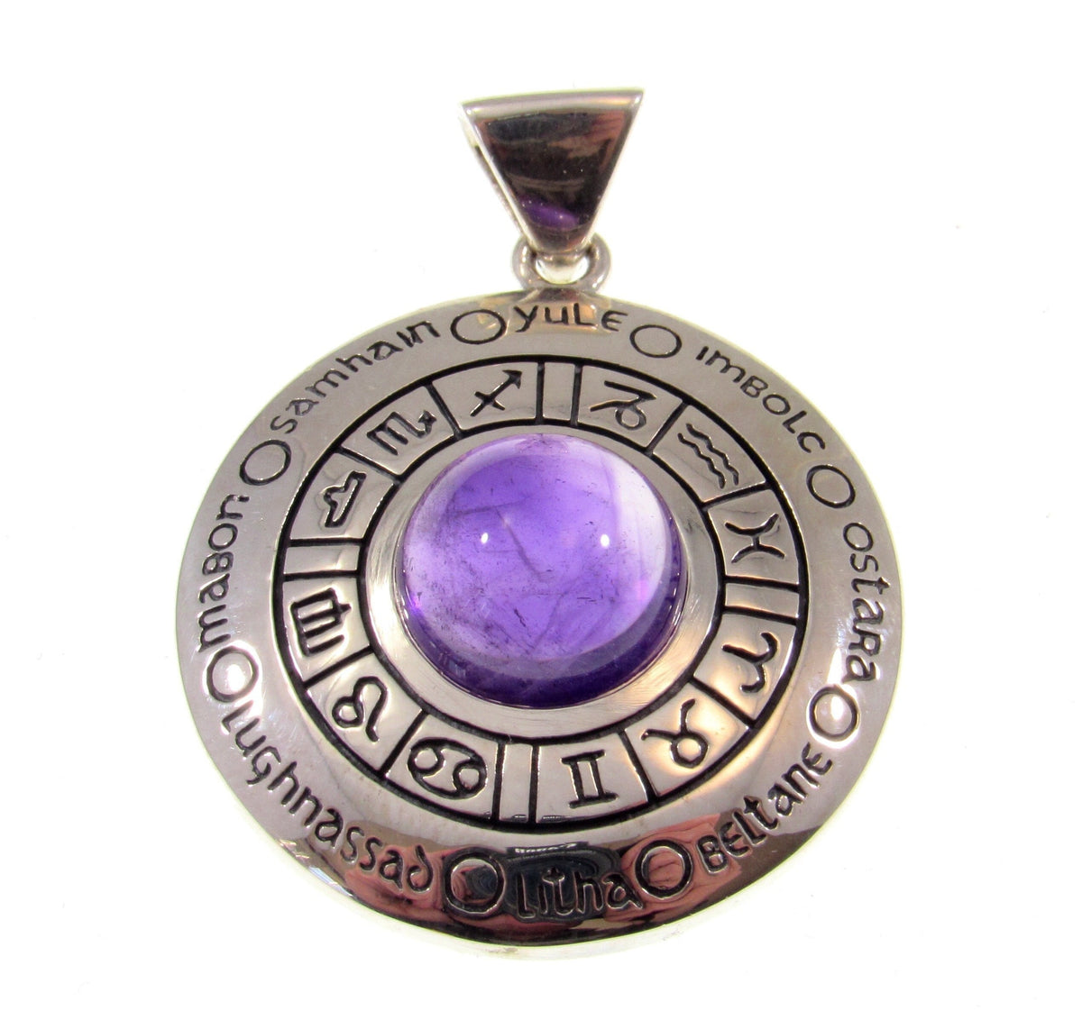 Solid 925 Sterling Silver Wheel of the Year Zodiac Pendant With Amethyst or Moonstone