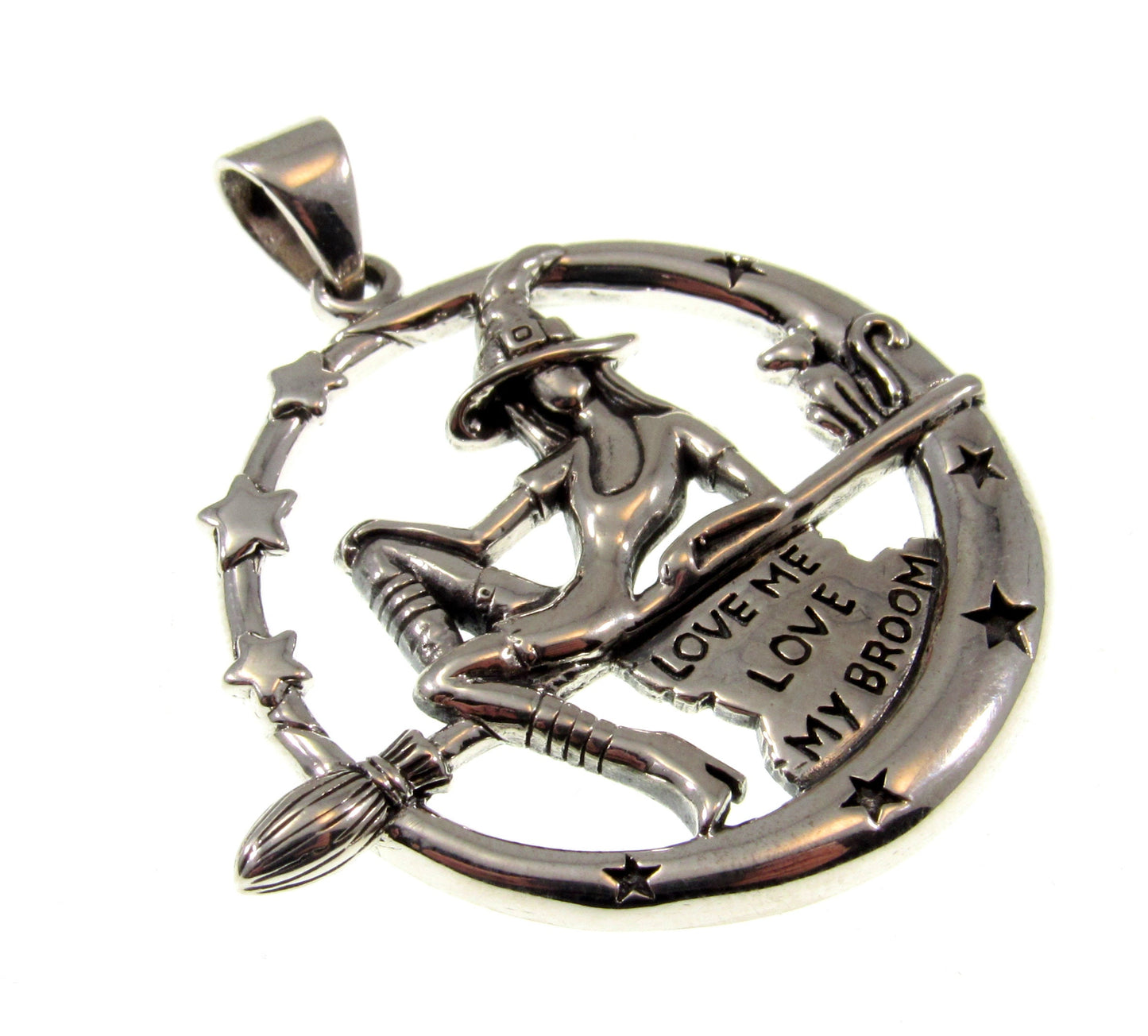 925 Sterling Silver Salem Witch on Broom with Black Cat Pendant – "Love Me Love My Broom"