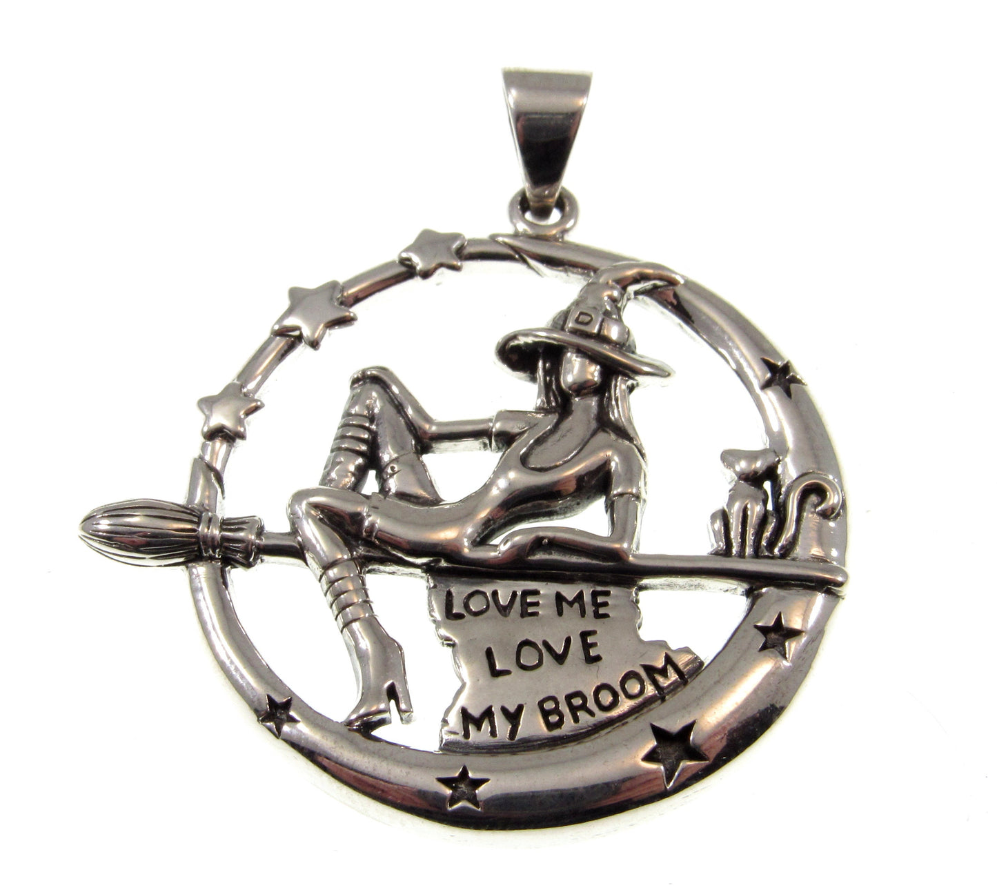 925 Sterling Silver Salem Witch on Broom with Black Cat Pendant – "Love Me Love My Broom"
