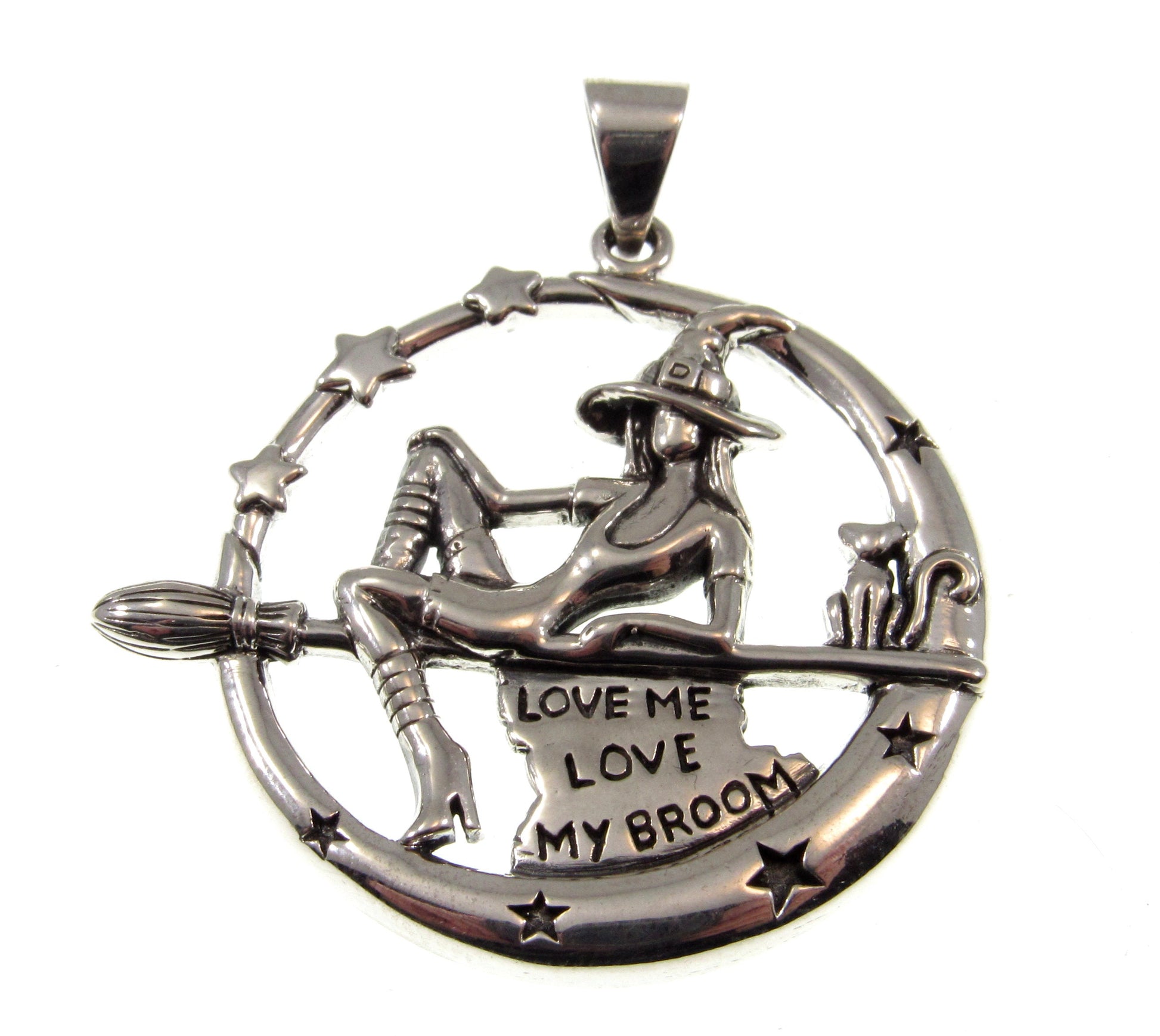 925 Sterling Silver Salem Witch on Broom with Black Cat Pendant – "Love Me Love My Broom"