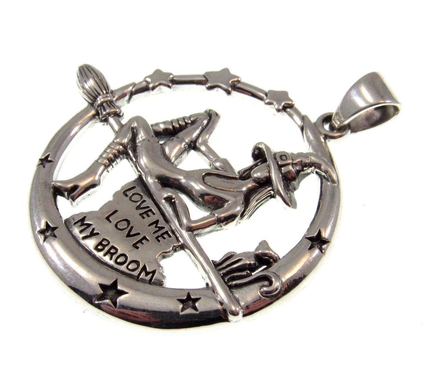 925 Sterling Silver Salem Witch on Broom with Black Cat Pendant – "Love Me Love My Broom"