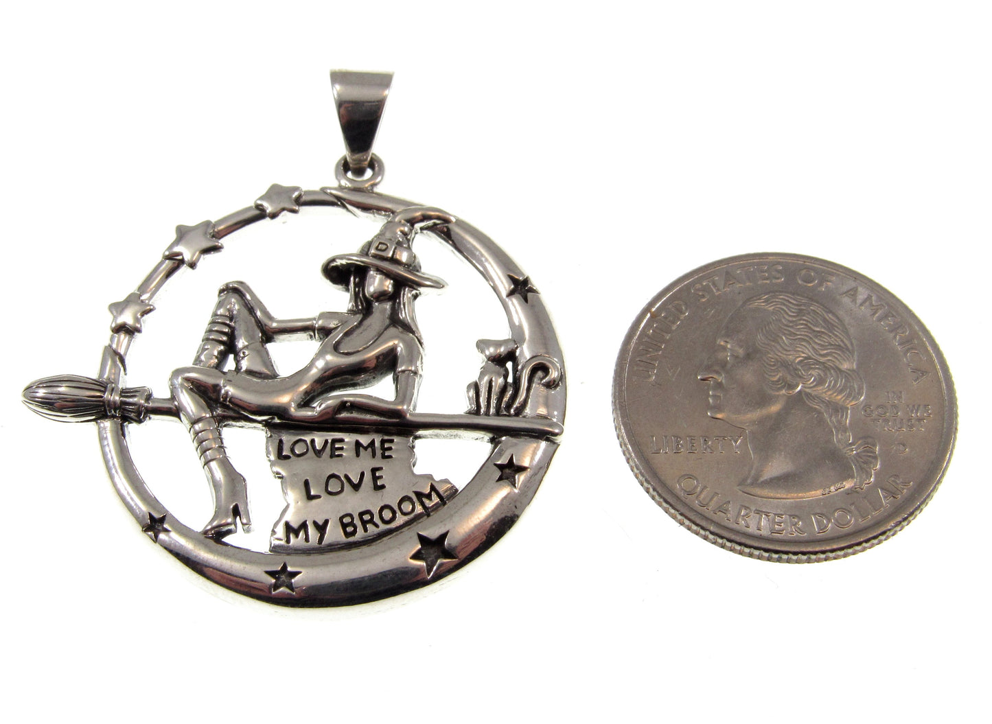 925 Sterling Silver Salem Witch on Broom with Black Cat Pendant – "Love Me Love My Broom"