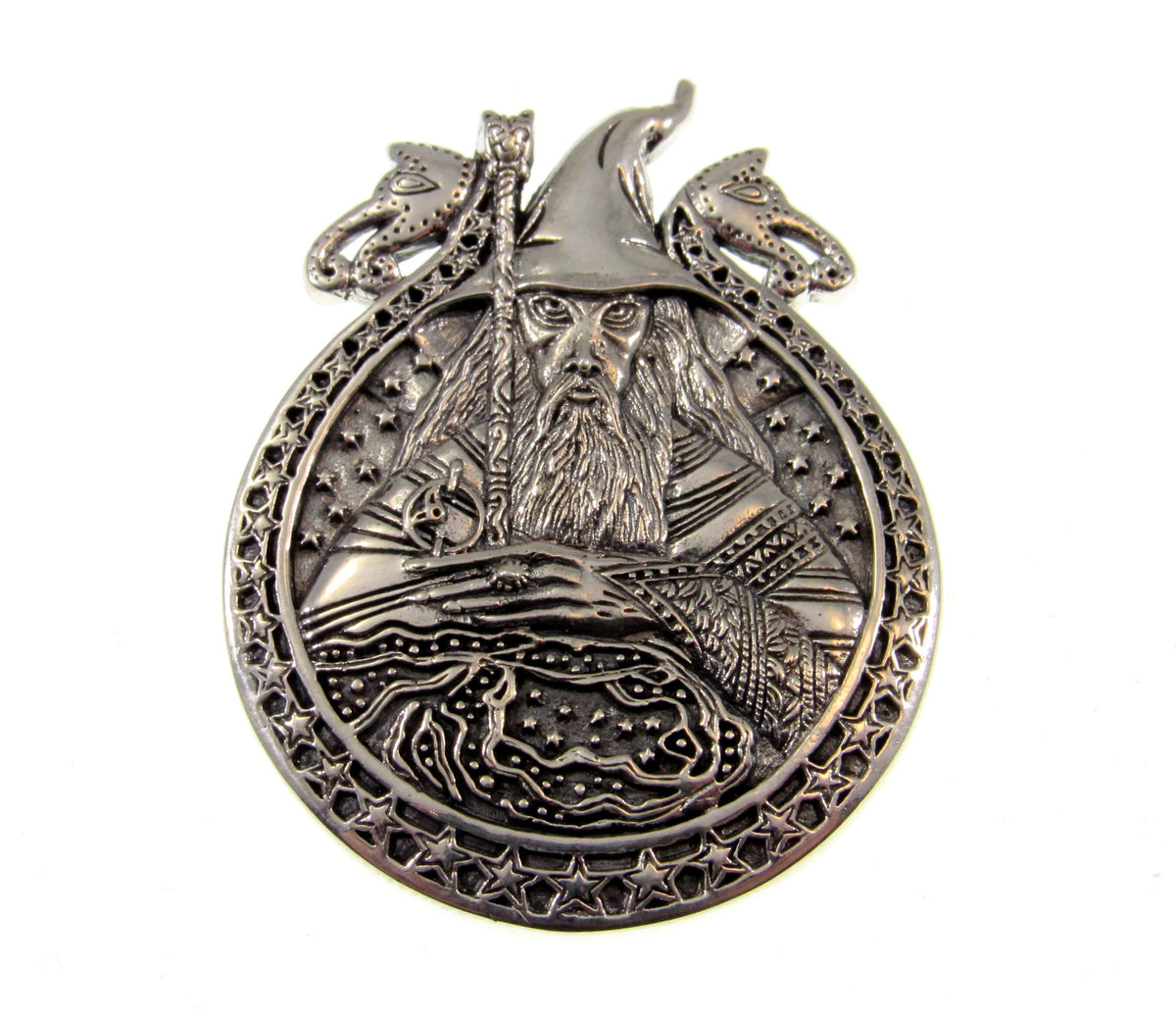 Solid 925 Sterling Silver Wizard Pendant, Arcane Sorcerer Talisman, Magical Mage Amulet