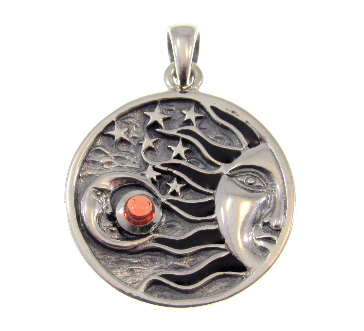 Solid 925 Sterling Silver Celestial Sun Moon Stars Pendant – Crescent Moon with Gemstone