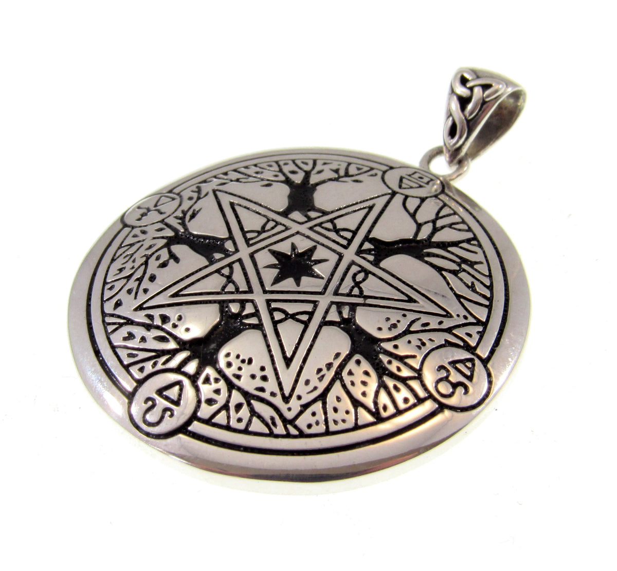 Solid 925 Sterling Silver Pentacle Pendant, Tree of Life Pentagram, Four Elements Pagan Amulet