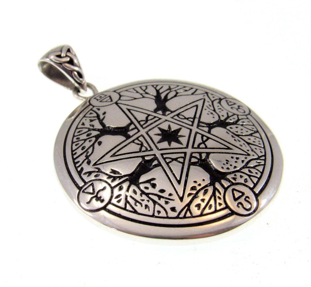 Solid 925 Sterling Silver Pentacle Pendant, Tree of Life Pentagram, Four Elements Pagan Amulet
