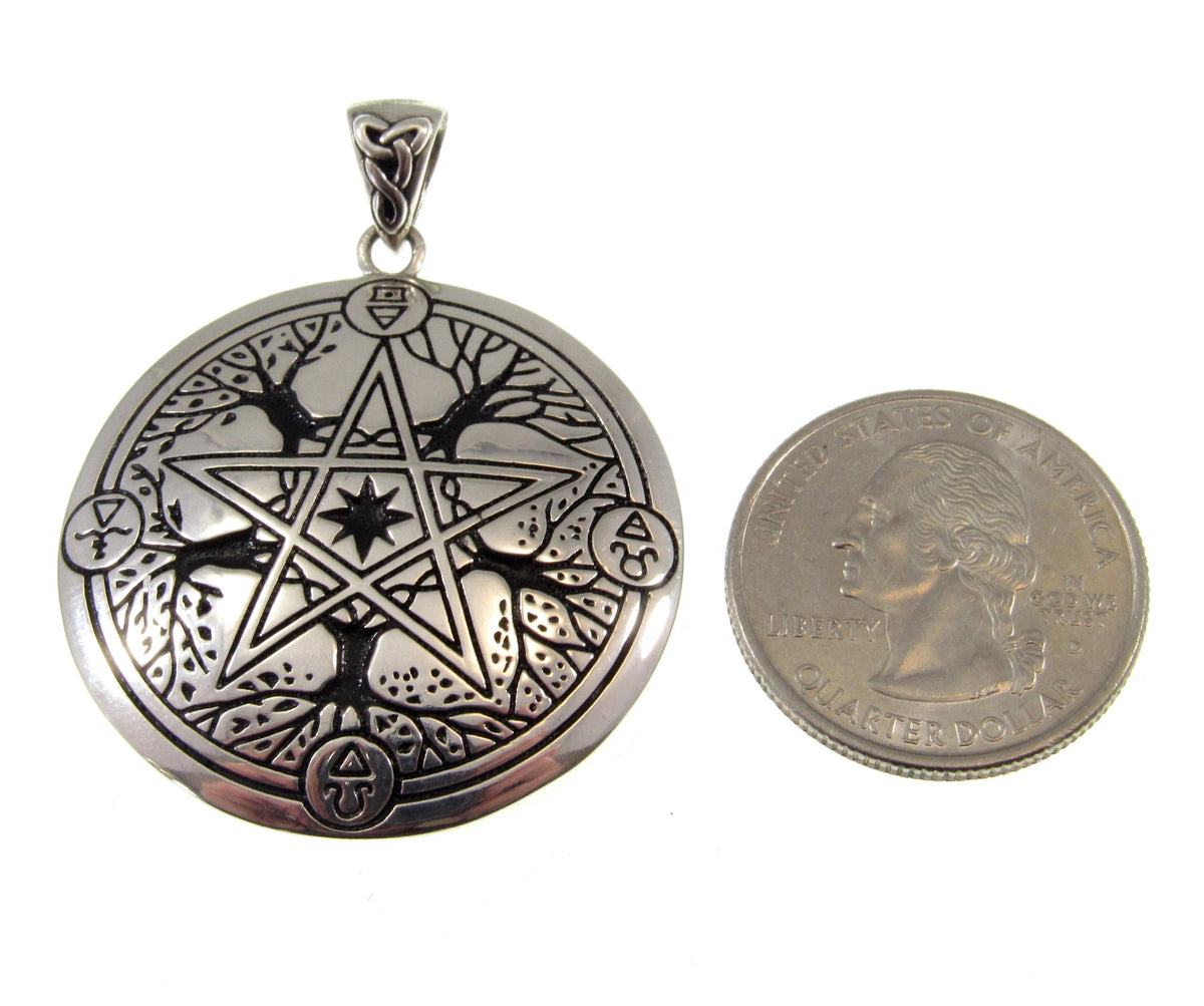 Solid 925 Sterling Silver Pentacle Pendant, Tree of Life Pentagram, Four Elements Pagan Amulet