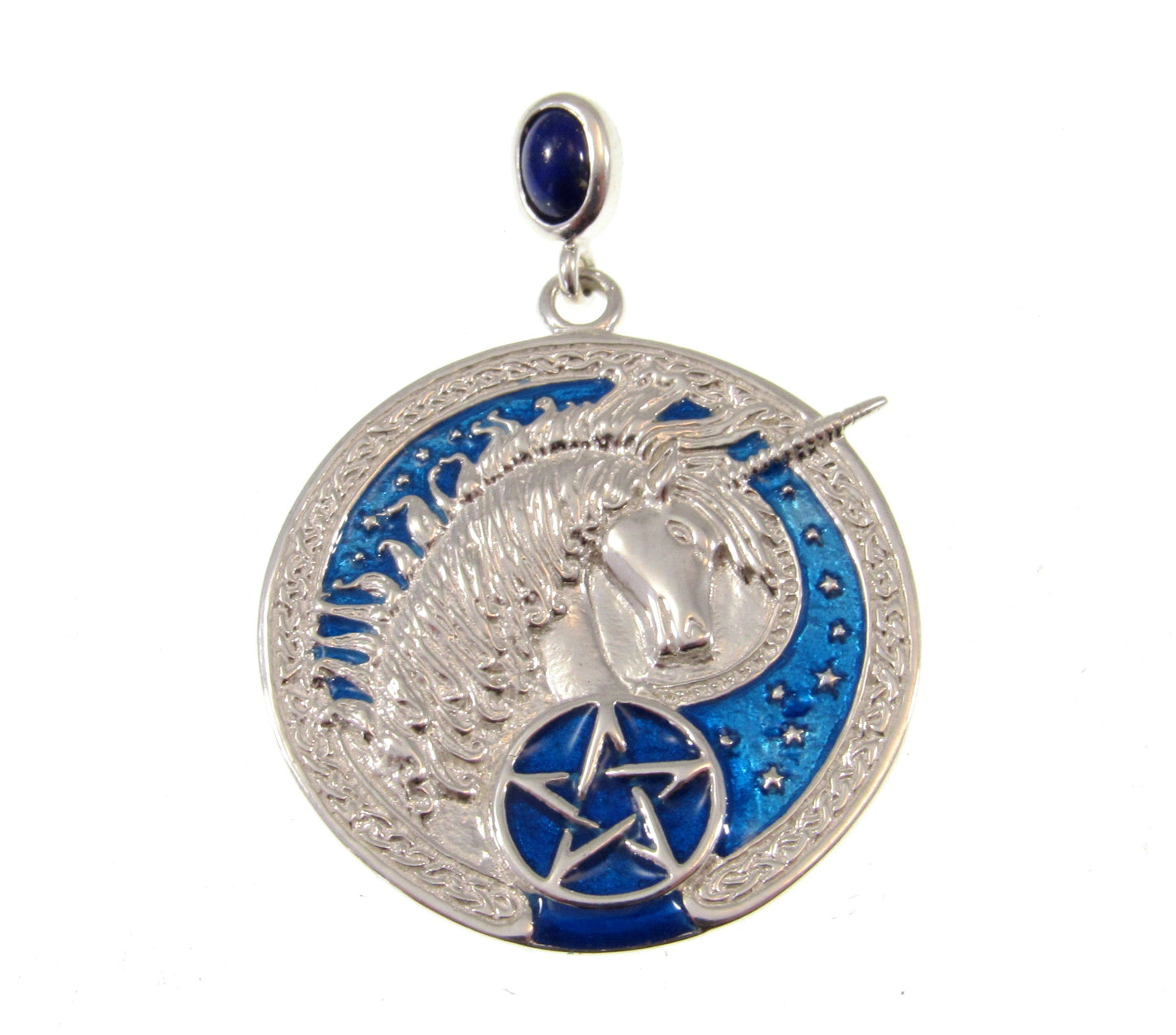 Solid 925 Sterling Silver Celtic Unicorn Pentacle Pendant, Blue Enamel & Sapphire Pagan Amulet