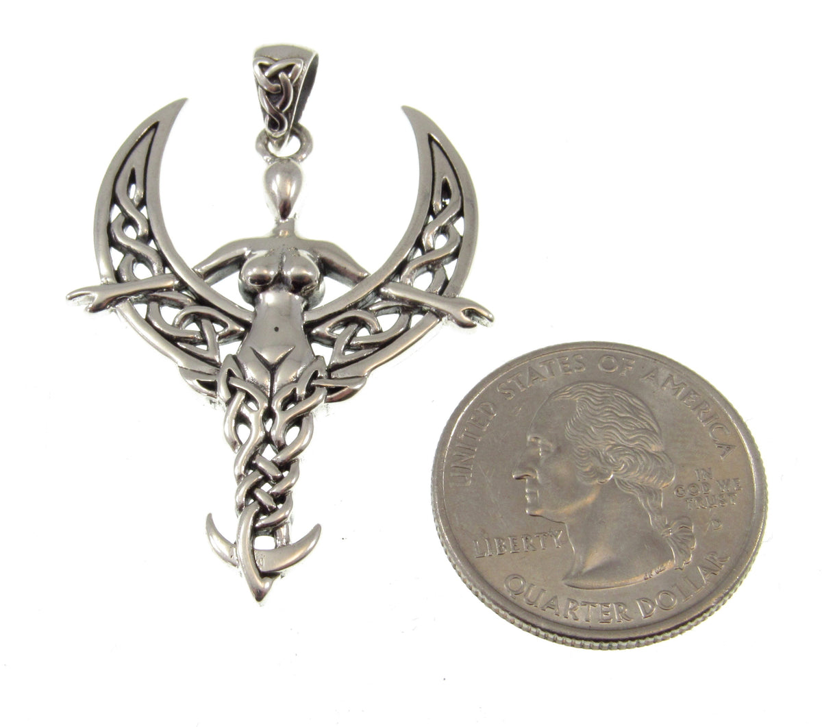 Solid 925 Sterling Silver Celtic Moon Goddess Pendant, Crescent Moon with Celtic Knotwork, Nude Goddess Jewelry
