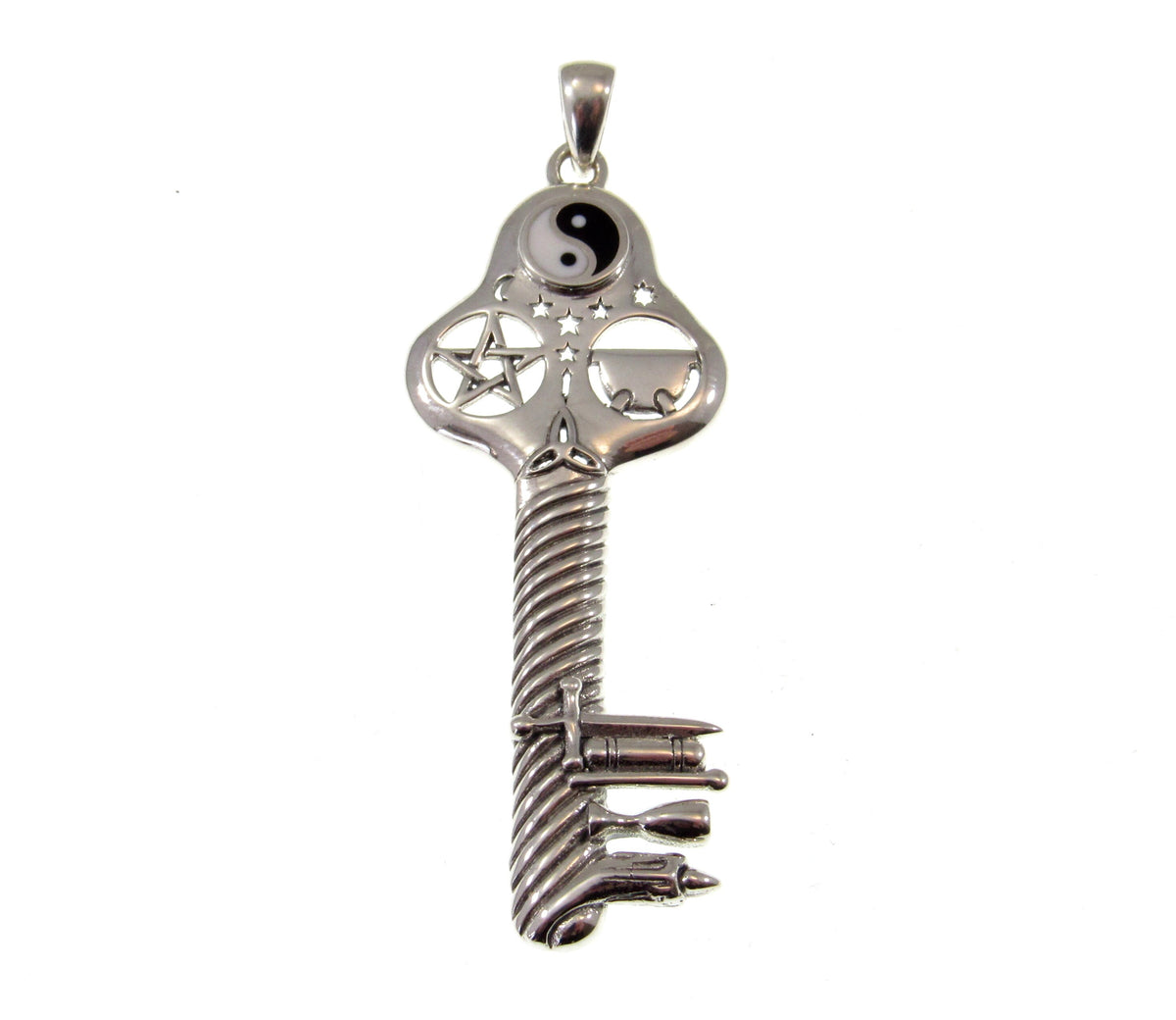 Solid 925 Sterling Silver Yin Yang Pentacle Key Pendant, Pagan Amulet, Wiccan Occult Talisman