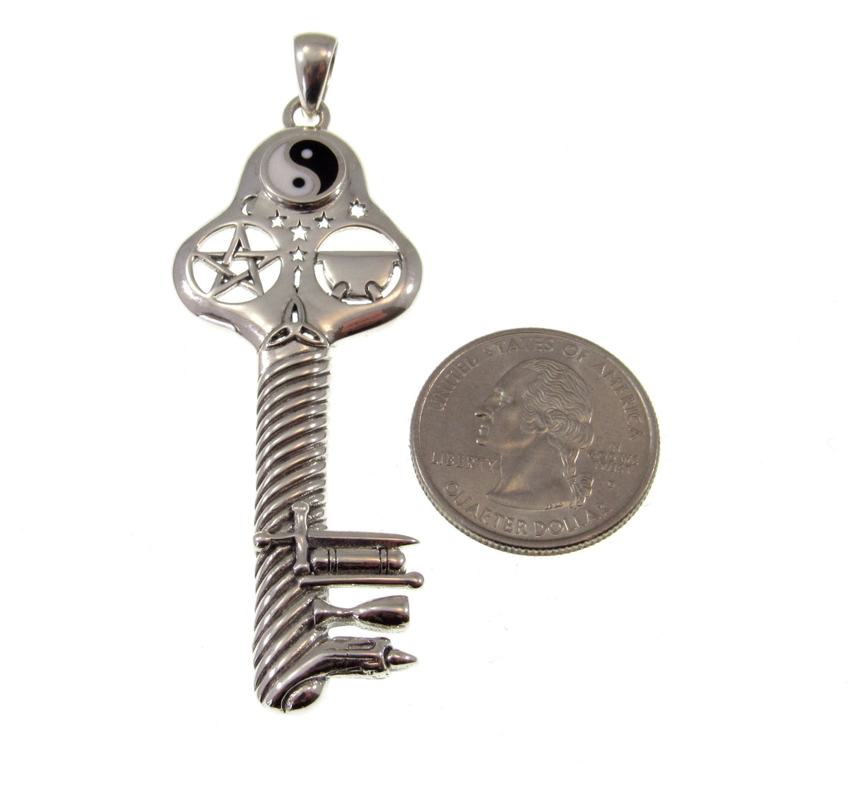 Solid 925 Sterling Silver Yin Yang Pentacle Key Pendant, Pagan Amulet, Wiccan Occult Talisman