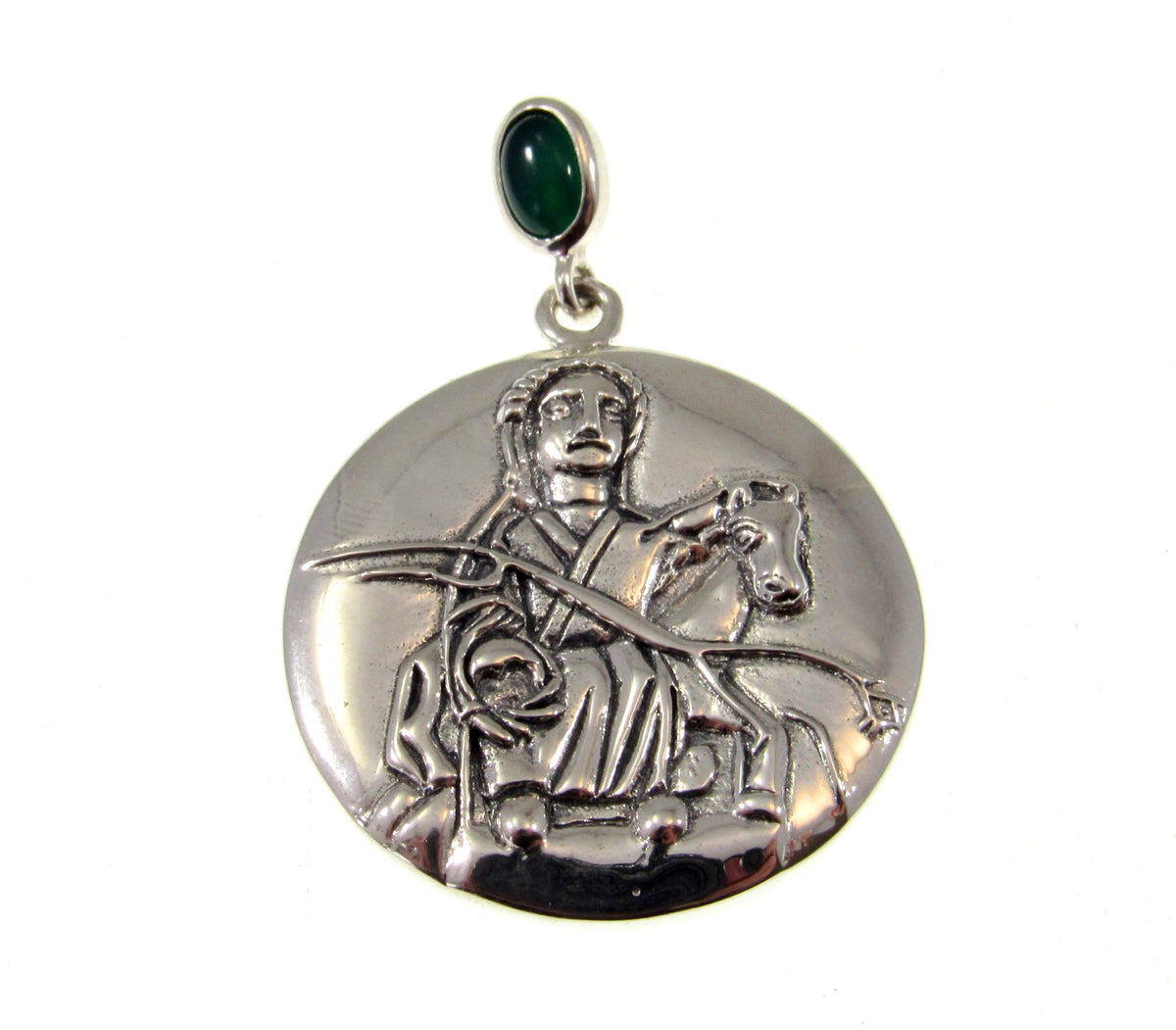 Solid 925 Sterling Silver Epona The Celtic Horse Goddess Pendant, Rhiannon Amulet with Emerald Glass Bale