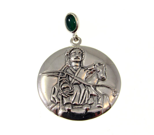 Solid 925 Sterling Silver Epona The Celtic Horse Goddess Pendant, Rhiannon Amulet with Emerald Glass Bale