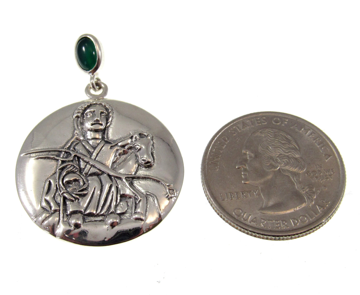 Solid 925 Sterling Silver Epona The Celtic Horse Goddess Pendant, Rhiannon Amulet with Emerald Glass Bale
