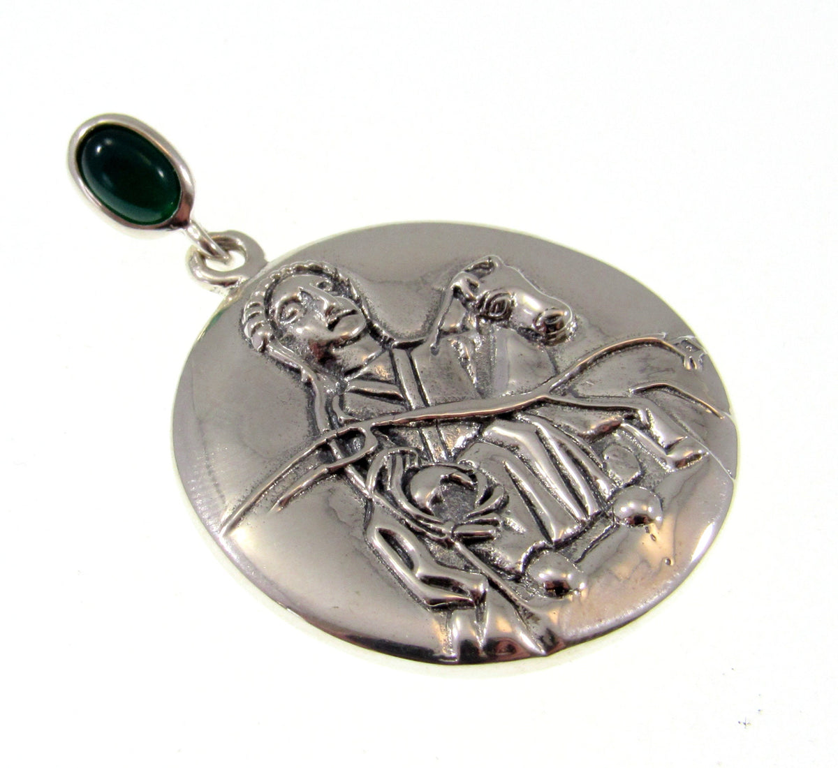Solid 925 Sterling Silver Epona The Celtic Horse Goddess Pendant, Rhiannon Amulet with Emerald Glass Bale