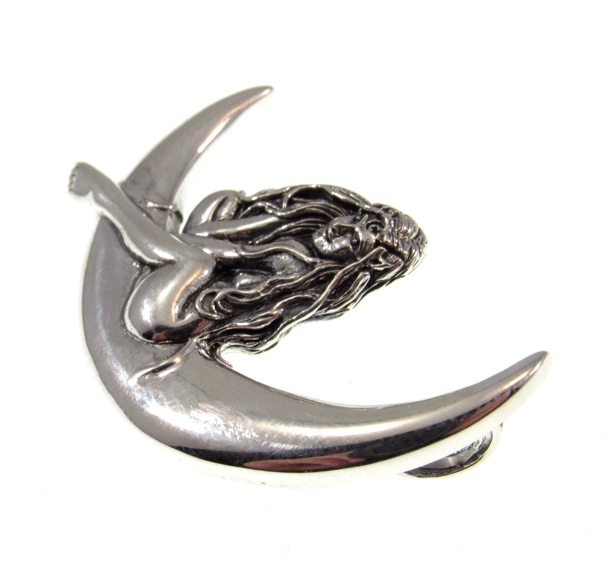 Solid 925 Sterling Silver Guardian Fairy on Crescent Moon Slide Pendant, Faerie Child Amulet
