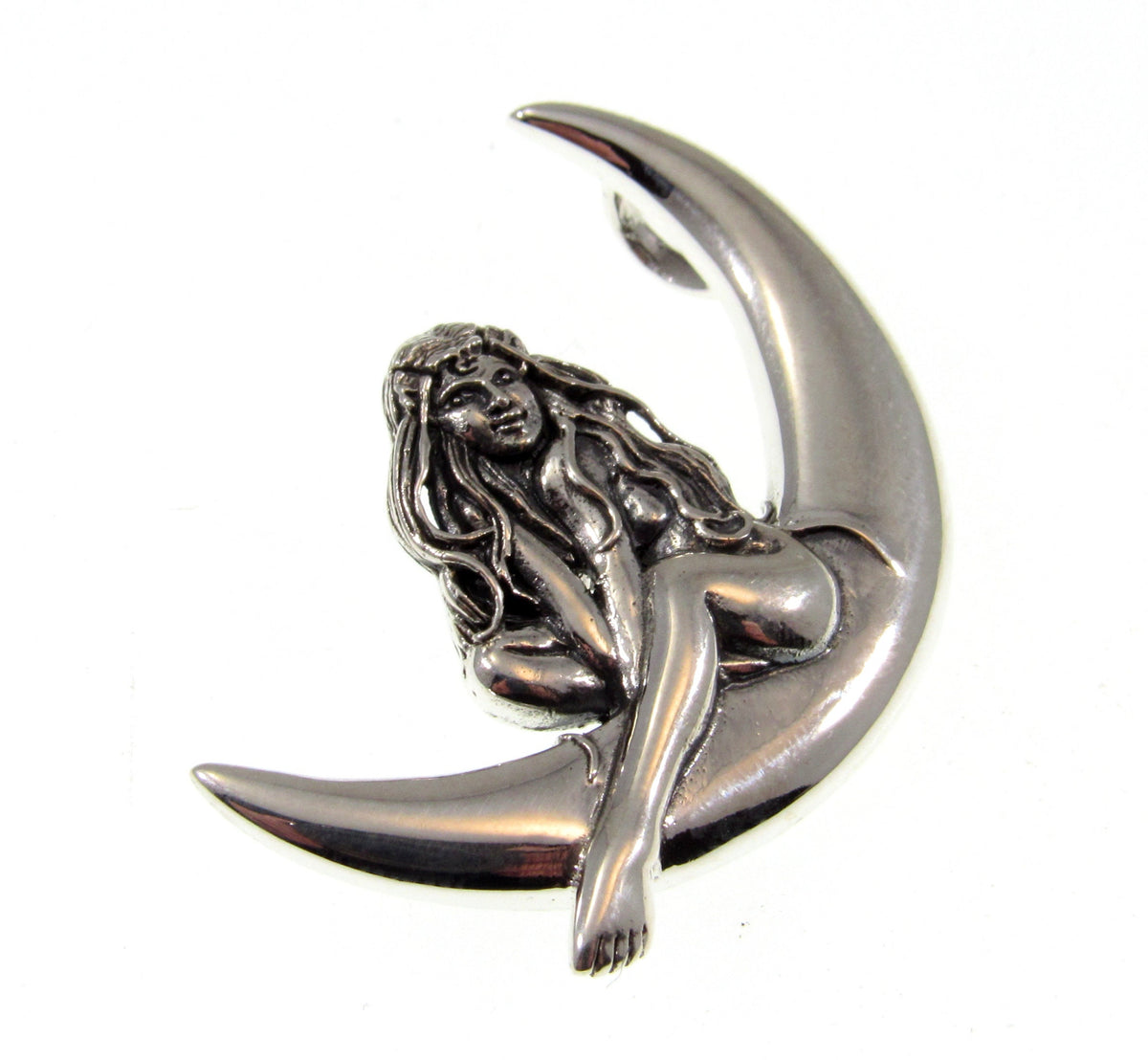 Solid 925 Sterling Silver Guardian Fairy on Crescent Moon Slide Pendant, Faerie Child Amulet