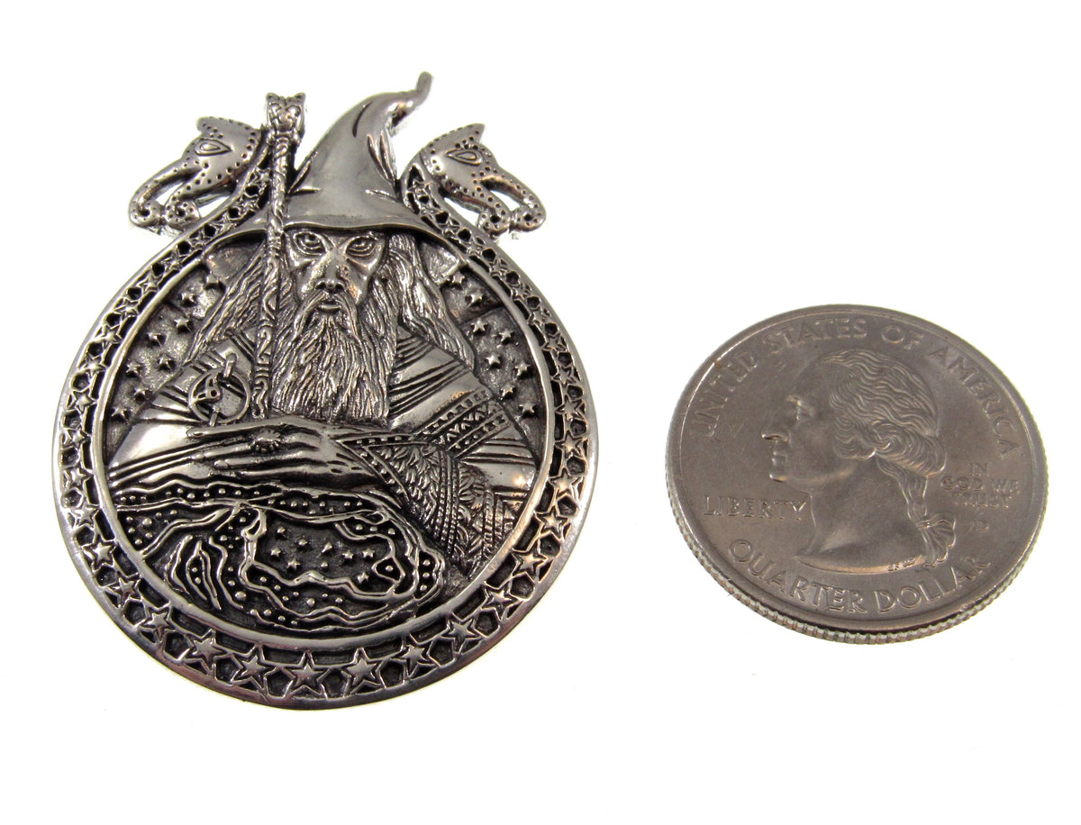 Solid 925 Sterling Silver Wizard Pendant, Arcane Sorcerer Talisman, Magical Mage Amulet