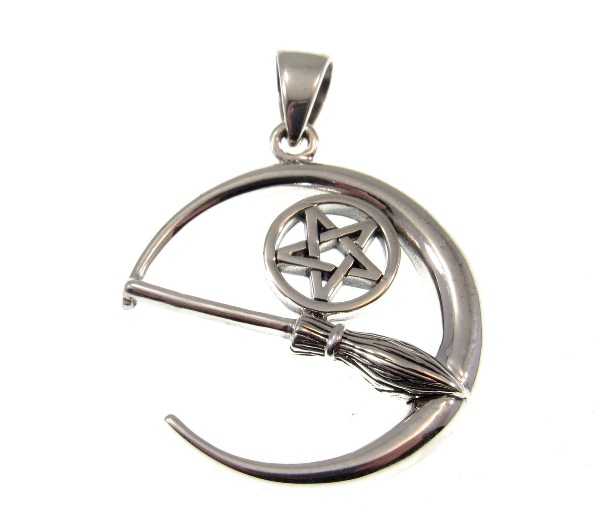Solid 925 Sterling Silver Crescent Moon Pentacle Pendant, Witch Broom Pagan Wiccan Magic Amulet Jewelry