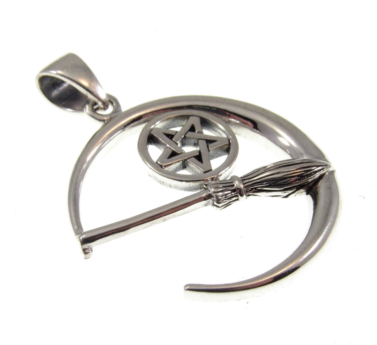 Solid 925 Sterling Silver Crescent Moon Pentacle Pendant, Witch Broom Pagan Wiccan Magic Amulet Jewelry