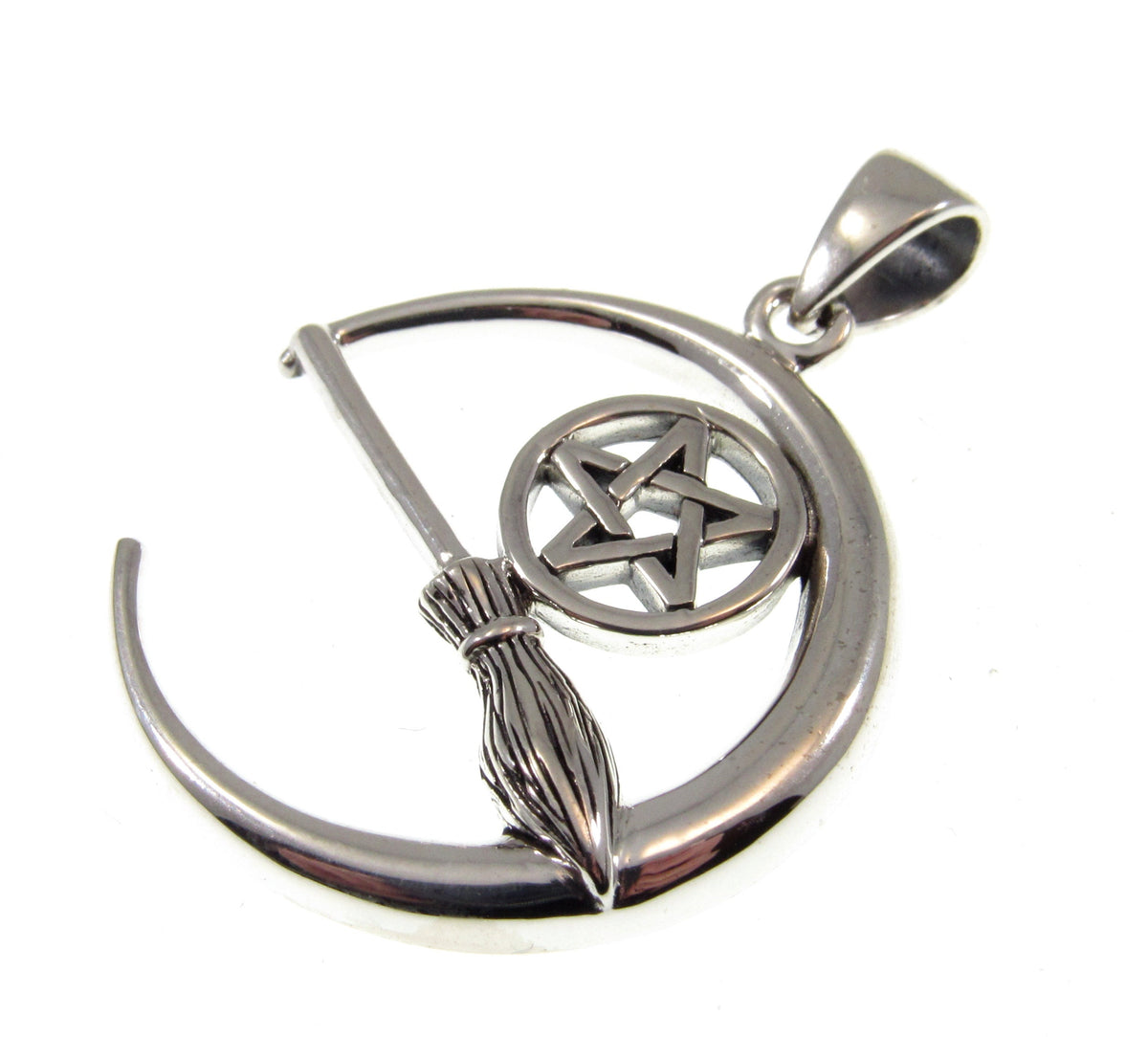 Solid 925 Sterling Silver Crescent Moon Pentacle Pendant, Witch Broom Pagan Wiccan Magic Amulet Jewelry